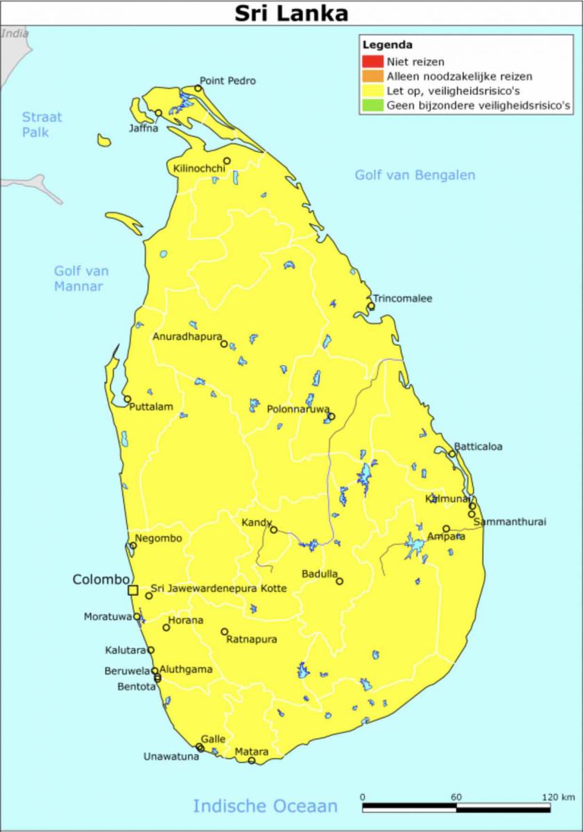 Kaart van het actuele reisadvies Sri Lanka
